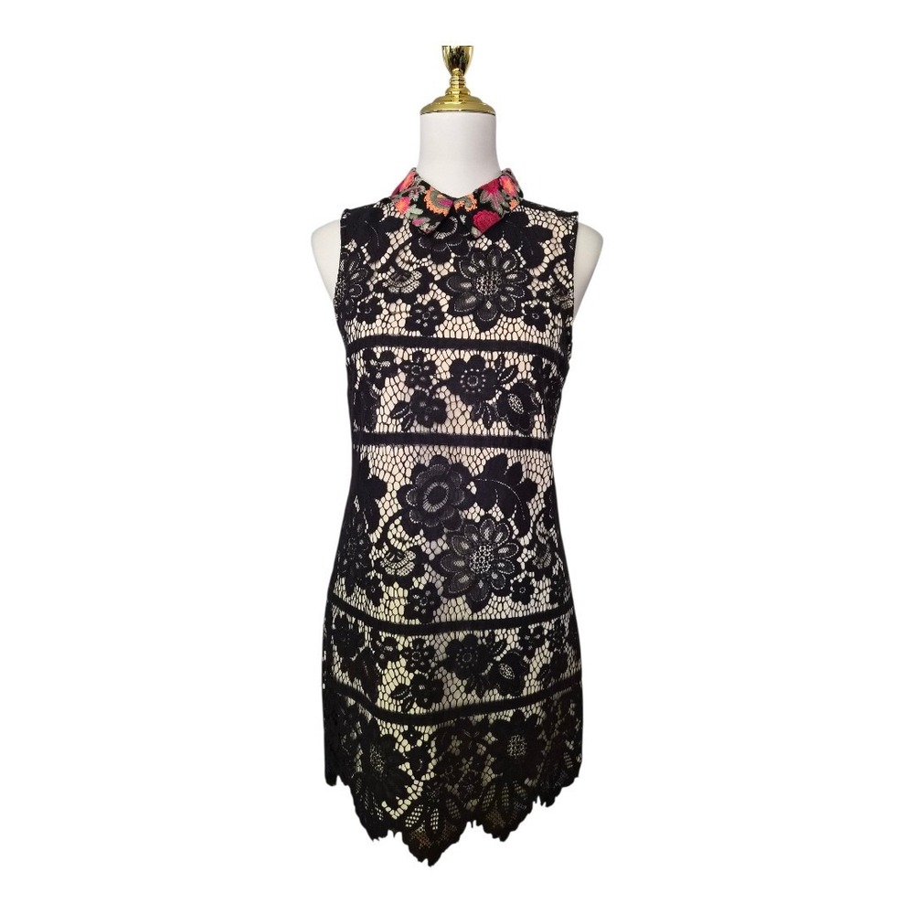 Gianni Bini Black Lace Sleeveless Mini Dress Floral Embroidered Collar Women's S